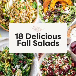 Photo collage of a pear barley salad, harvest salad, sweet kale salad and beet salad.