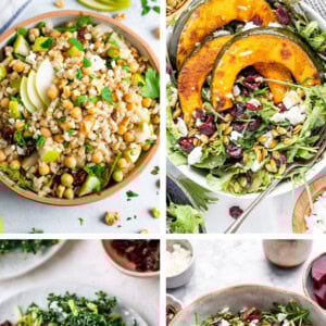 Photo collage of a pear barley salad, harvest salad, sweet kale salad and beet salad.