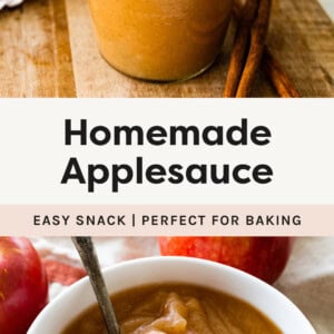 Homemade Applesauce in a jar and a photo of it in a bowl with a spoon.
