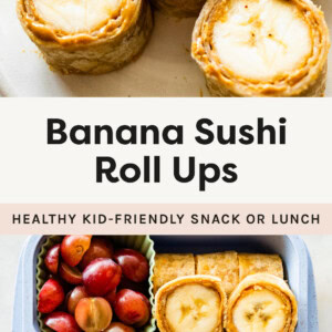 Banana Sushi Roll Ups on a plate, and shown in a lunch box with grapes, cucumber and cheese puffs.