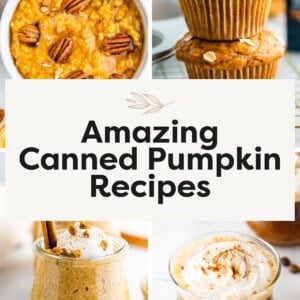 Collage of photos: pumpkin oatmeal, pumpkin muffins, pumpkin chia pudding and a pumpkin spice latte.