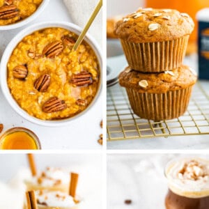 Collage of photos: pumpkin oatmeal, pumpkin muffins, pumpkin chia pudding and a pumpkin spice latte.
