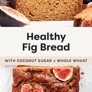 Photos of Healthy Fig Bread sliced and photo of the top of the loaf with halved figs baked on top.