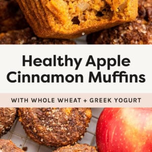 Two photos of Healthy Apple Cinnamon Muffins next to an apple. Photo shows the cinnamon sugar muffin topping and bites taken out of a couple of the muffins.