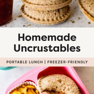 Stack of homemade uncrustable sandwiches. The top has a bite taken out of it so you can see the peanut butter and jelly. Photo below is of a lunch box with the uncrustables, goldfish and cheese.