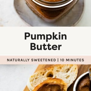 Pumpkin Butter in a jar with a spoon, and pumpkin butter spread onto a slice of bread.