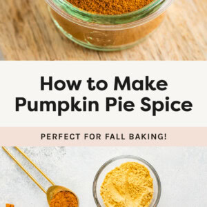 Homemade pumpkin pie spice in a glass jar on a little wooden cutting board next to some whole spices. Photo below is of the spices measured out to make pumpkin pie spice.
