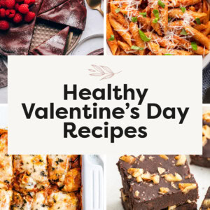 Collage of four recipe photos: flourless chocolate cake, pasta alla vodka, baked eggplant parmesan and black bean brownies.