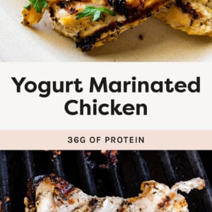 Grilled Yogurt Marinated Chicken on a platter with lemon and herbs. Photo of the chicken on the grill.