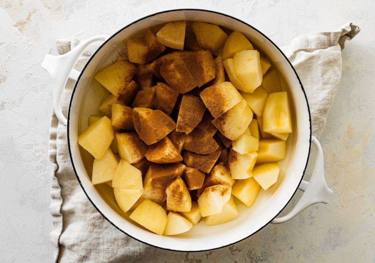 Apple chunks in a large pot topped with ground cinnamon.