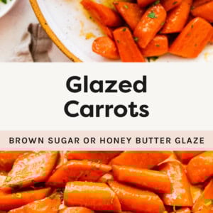 Spoon with Glazed Carrots from a serving bowl, and a photo of the carrots on a pan.