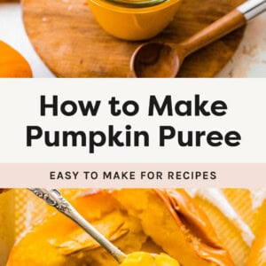 Jar of pumpkin puree, and a photo of half a cooked pumpkin with a spoon scooping out the flesh.