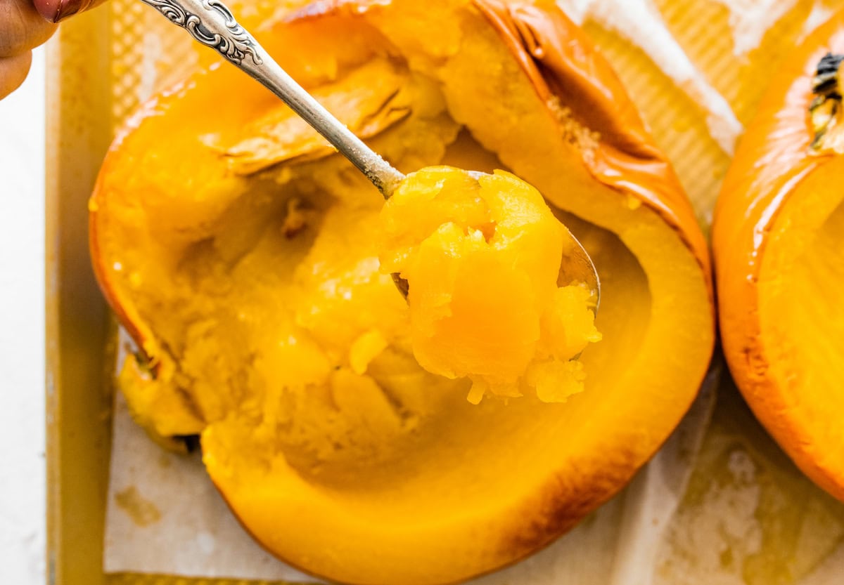 A spoonful of baked pumpkin pulp over two halves of a small pumpkin.