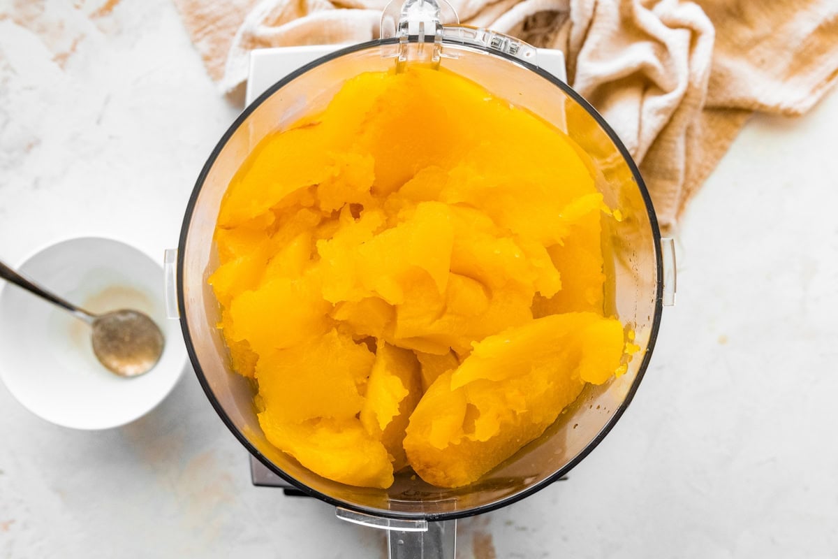 Baked pumpkin flesh in a food processor.