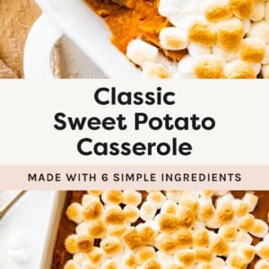 Sweet potato casserole topped with marshmallows. A spoon is scooping out a portion in the pan. Another photo shows the whole casserole.