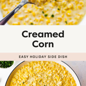 Two photos of creamed corn in a bowl with a serving spoon.