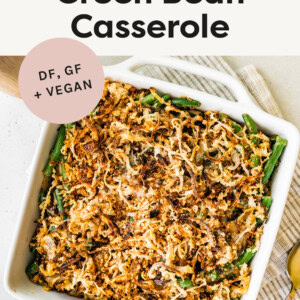 Green Bean Casserole in a casserole dish, topped with crispy onions.