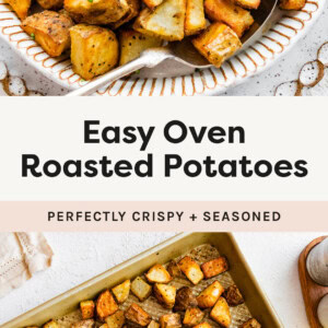 Two photos showing Roasted Potatoes in a serving bowl and on a sheet pan.