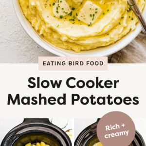 Photo of mashed potatoes in a bowl topped with chives and butter. Tow process photos showing potatoes in a slow cooker, and then sour cream, butter and spices added to the mashed potatoes in the slow cooker.