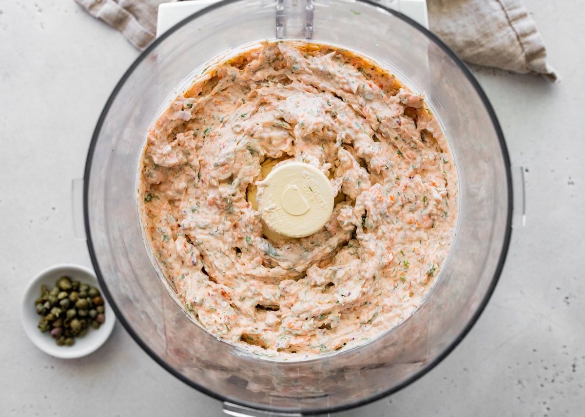 A blended smoked salmon dip in a food processor.