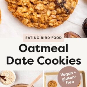 Oatmeal Date Cookie and two photos showing the process to make the cookies: mixing the cookie dough and baking cookies on a baking sheet.