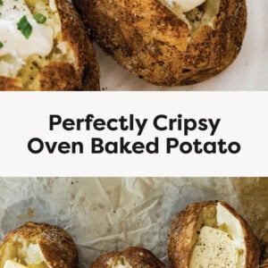 Oven Baked Potato topped with sour cream, chives and pepper. Photo of three baked potatoes on a baking sheet topped with butter.