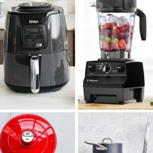 Collage of four photos: a lodge enamel pot, a Vitamix blender, a set of pots and pans, and a Ninja air fryer.
