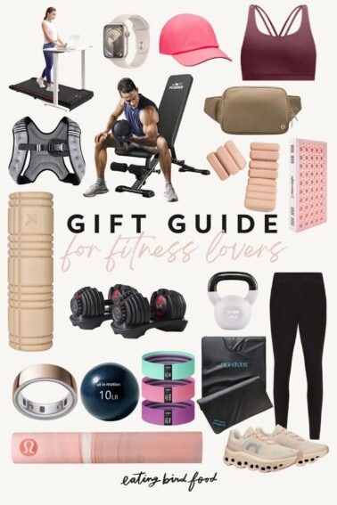 A holiday gift guide for fitness lovers with a collage of items.