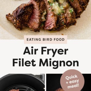Air Fryer Filet Mignon sliced and served with butter on a plate with broccoli and baked potato. Two photos showing two filets in an air fryer, before and after being cooked.