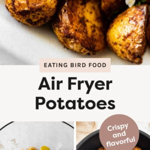 Air Fryer Potatoes in a bowl. Photo of the potatoes in a mixing bowl with spices before being air fried, and a photo of the crispy cooked potatoes in an air fryer basket.