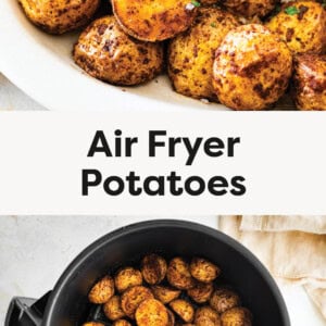 Air Fryer Potatoes on a serving plate. Photo of the potatoes in an air fryer basket.