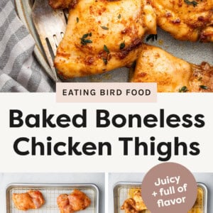 Plate of Baked Boneless Chicken Thighs with a serving fork. Photos below showing the chicken before and after being baked.