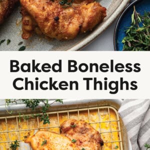 Baked Boneless Chicken Thigh on a plate, and a photo of the chicken baked on a wire rack and sheet pan.
