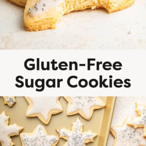 Star sugar cookie with a bite taken out of it. Photo of frosted sugar cookies on a tray.