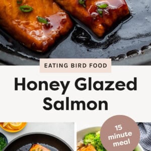Glazed being drizzled over a piece of salmon in a skillet with other filets. Photo of four salmon fillets in a skillet. Bowl with rice, salmon and broccoli.