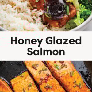 Spoon drizzling honey glaze over salmon. Photo of four filets of salmon in a skillet.