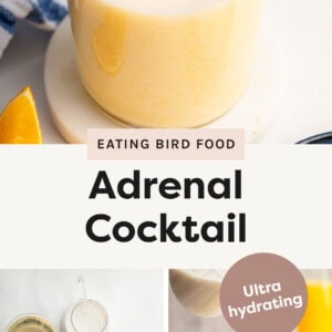 Adrenal Cocktail made with orange juice, coconut milk and coconut water in a glass with an orange garnish. Photos below show the ingredients to make the drink, and a photo of coconut milk being poured into the drink.