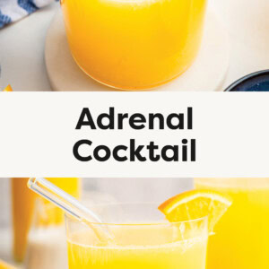 Adrenal Cocktail made with orange juice and coconut water in a glass with an orange garnish. Photo below shows the cocktail with a straw.