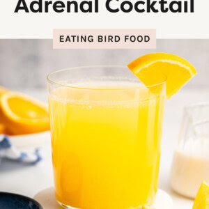 Adrenal Cocktail made with orange juice and coconut water in a glass with an orange garnish.