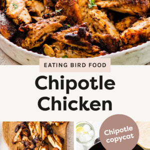 Chopped Chipotle Chicken thighs in a bowl with lime wedges. Photo of the chicken on a wood cutting board, and a photo of the chicken in a skillet.