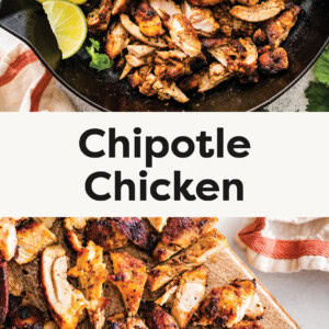 Chipotle chicken in a skillet with lime. Photo of the chicken on a wood cutting board cut up.