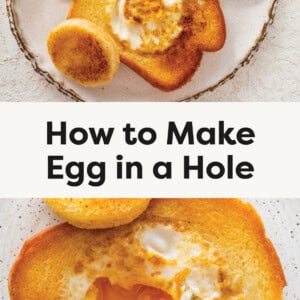 Photo of Egg in the Hole toast on a plate with avocado and berries, and a photo of the toast with the yolk of the egg broken.