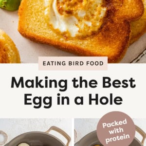 Toast with an egg cooked in the middle. Two photos showing toast with egg in the middle in a pan, before and after being cooked.