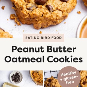 Peanut Butter Oatmeal Cookies stacked, the cookie dough on a cookie sheet, and a photo of the cookies on a cooling rack.