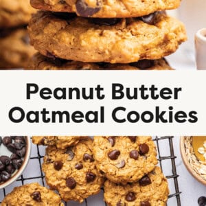 Peanut Butter Oatmeal Cookies stacked, and a photo of the cookies on a cooling rack.