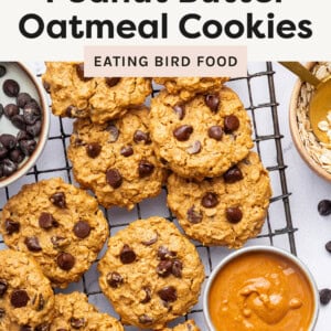 Peanut Butter Oatmeal Cookies on a cooling rack next to small bowls of peanut butter and chocolate chips.