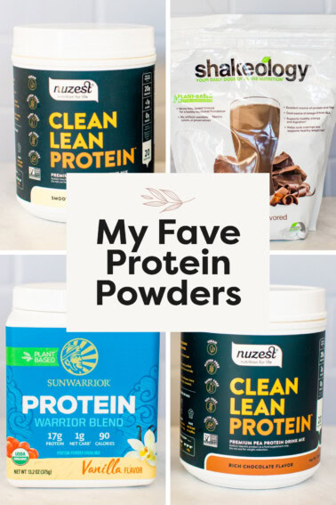 Collage of four photos of different plant-based protein powder containers: Nuzest vanilla, Shakeology chocolate, Sunwarrior vanilla and Nuzest chocolate.