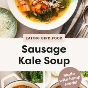 Sausage Kale Soup in a bowl, and two photos showing the pot of the soup with chicken stock being poured in, and a photo of the soup with a wooden spoon.