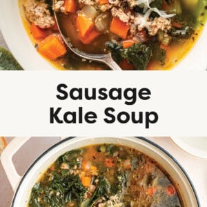 Two photos of Sausage Kale Soup: one photo of the soup in a bowl topped with parm, and another photo of the soup in a pot.