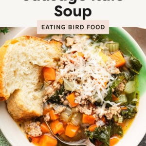 Sausage Kale Soup served with bread and parm.